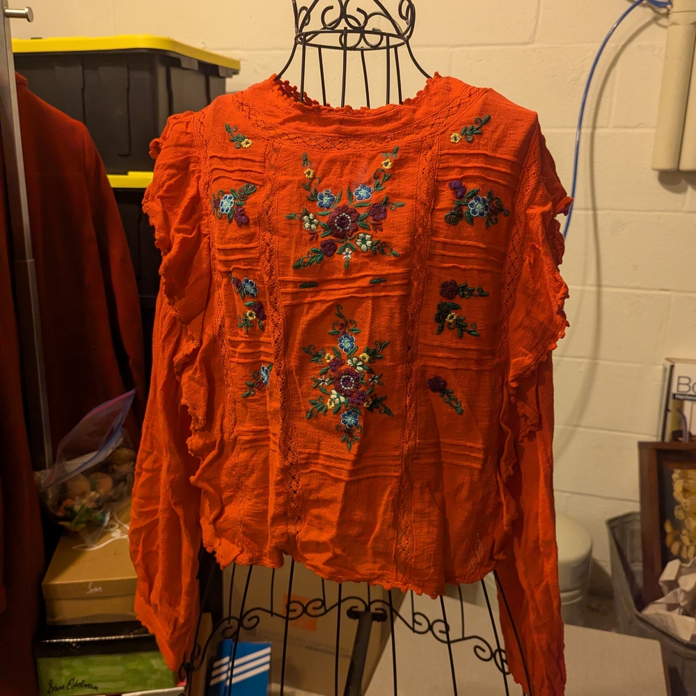 Embroidered Ruffle-Trim Long Sleeve Blouse - Orange